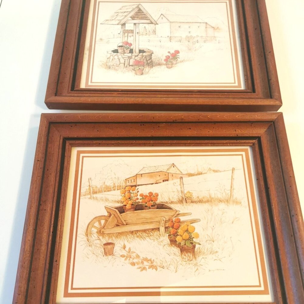 Wesley Hall Framed Wood Prints Set of 2 Wishing Well Wheelbarrow 1970s 12.5x10.5